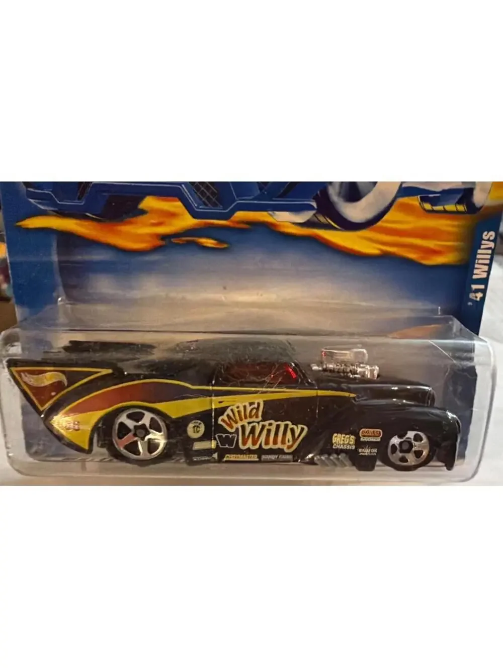 Hot Wheels 41 Willys Wild Willy Die-Cast Car 1:64 Scale Black & Yellow Flames Co